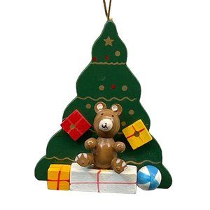 Gifts Under the Christmas Tree Vintage Wood Ornament Handpainted Teddy Bear